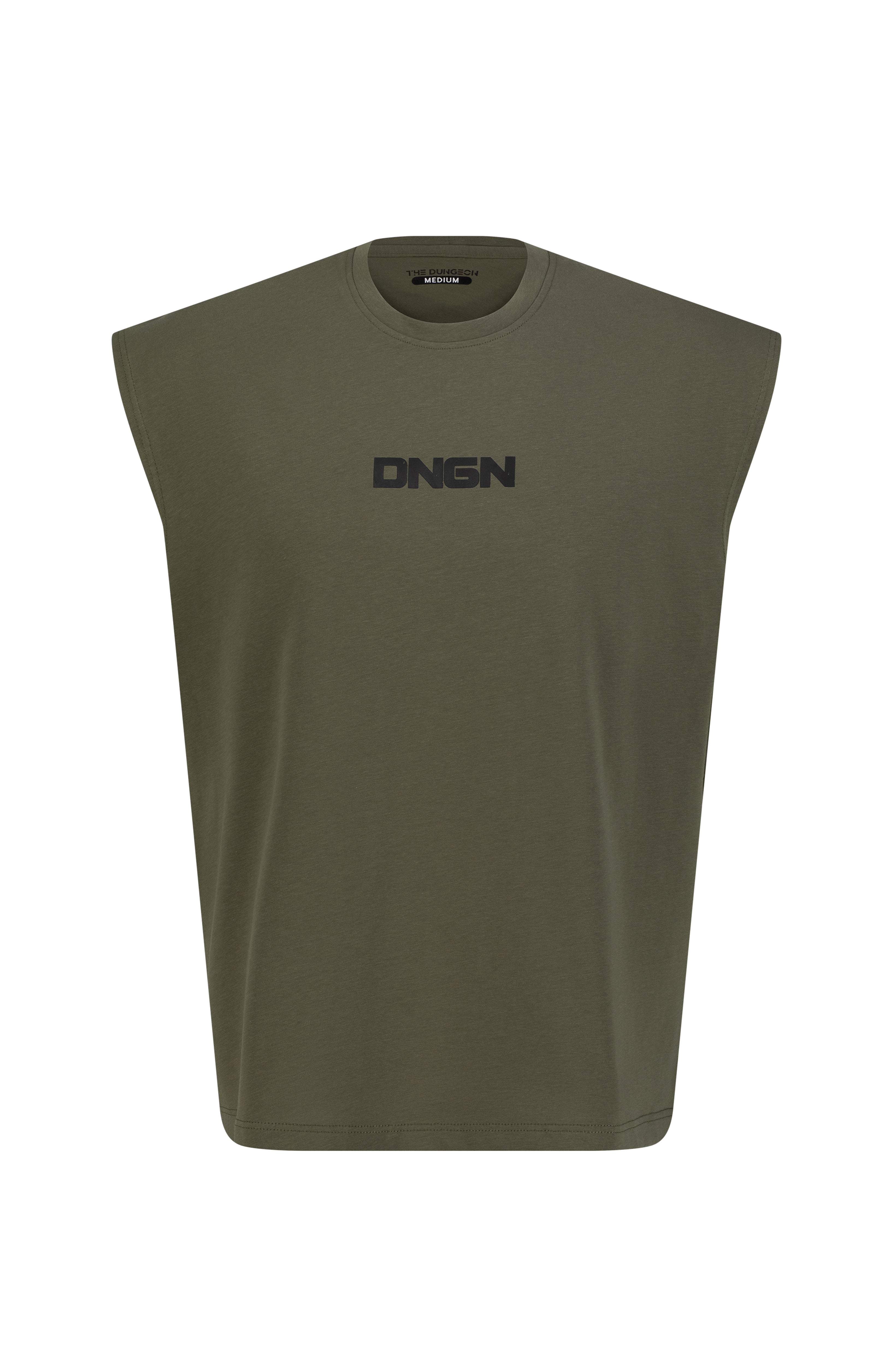 A green sleeveless tank top with the brand logo 'DUNGEON' printed on the chest area.