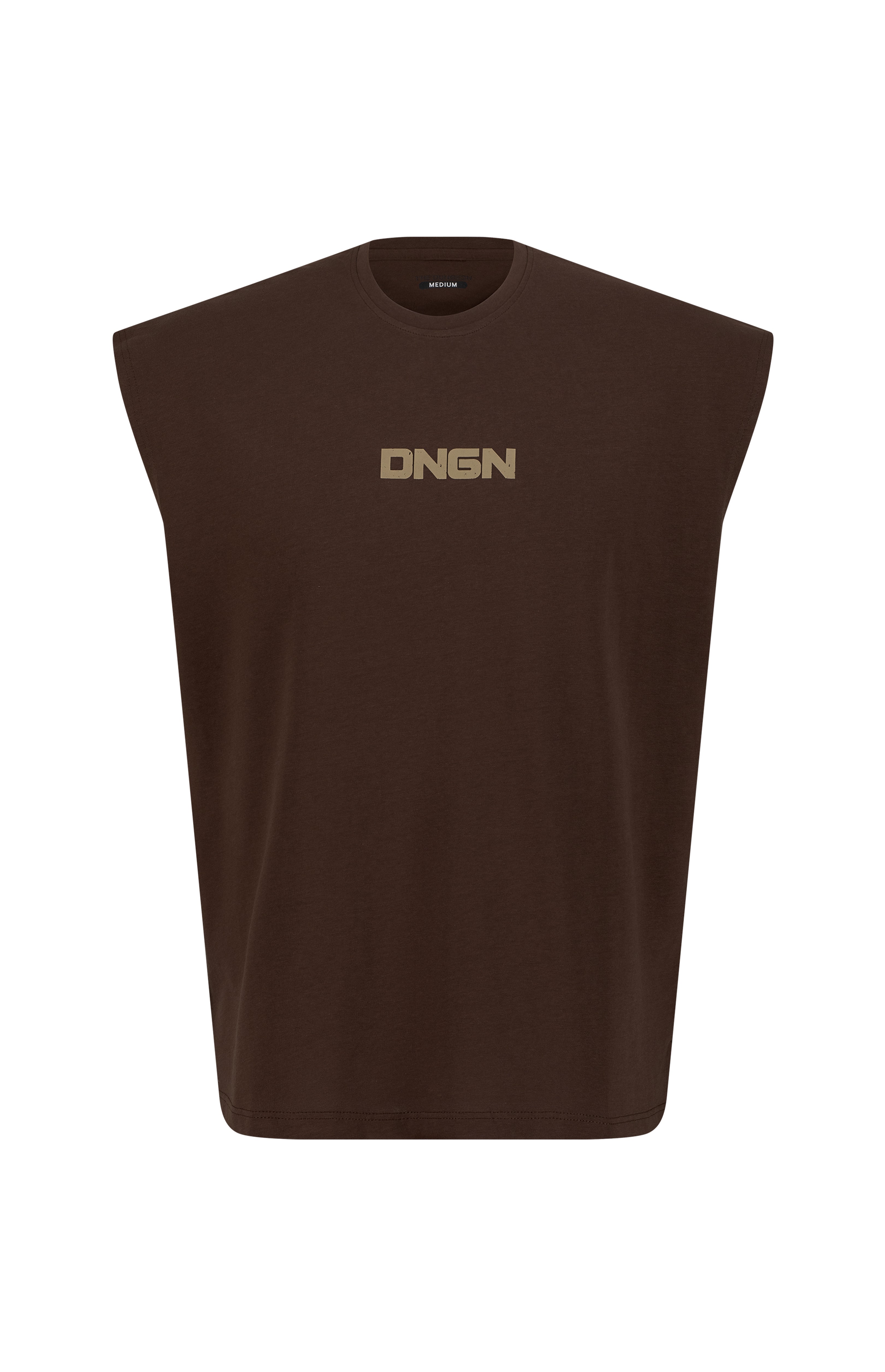 A brown sleeveless tank top with the brand name 'Dungeon' printed on the chest area.