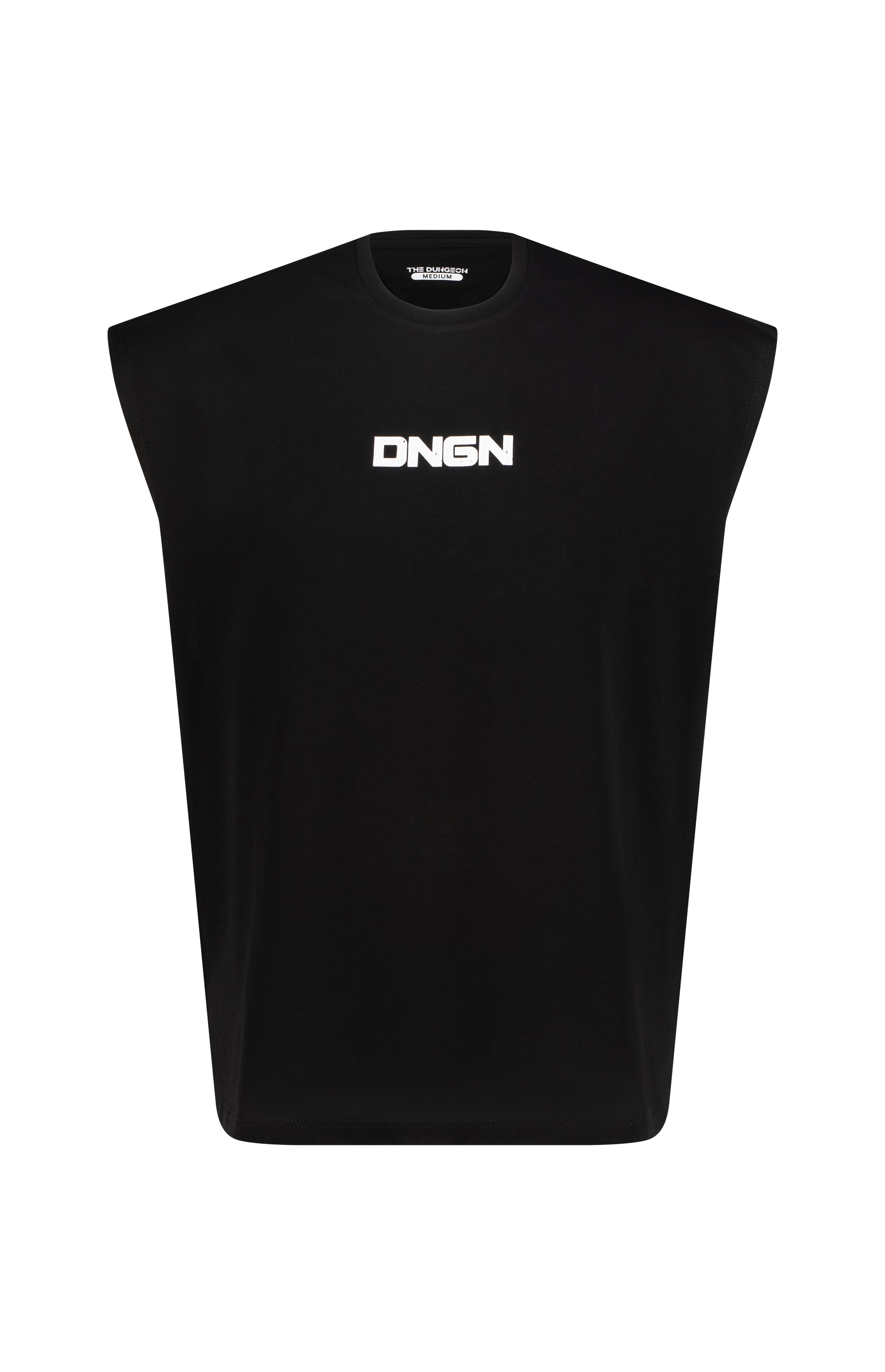 A sleeveless black tank top with the text 'DUNGEON' printed across the chest.