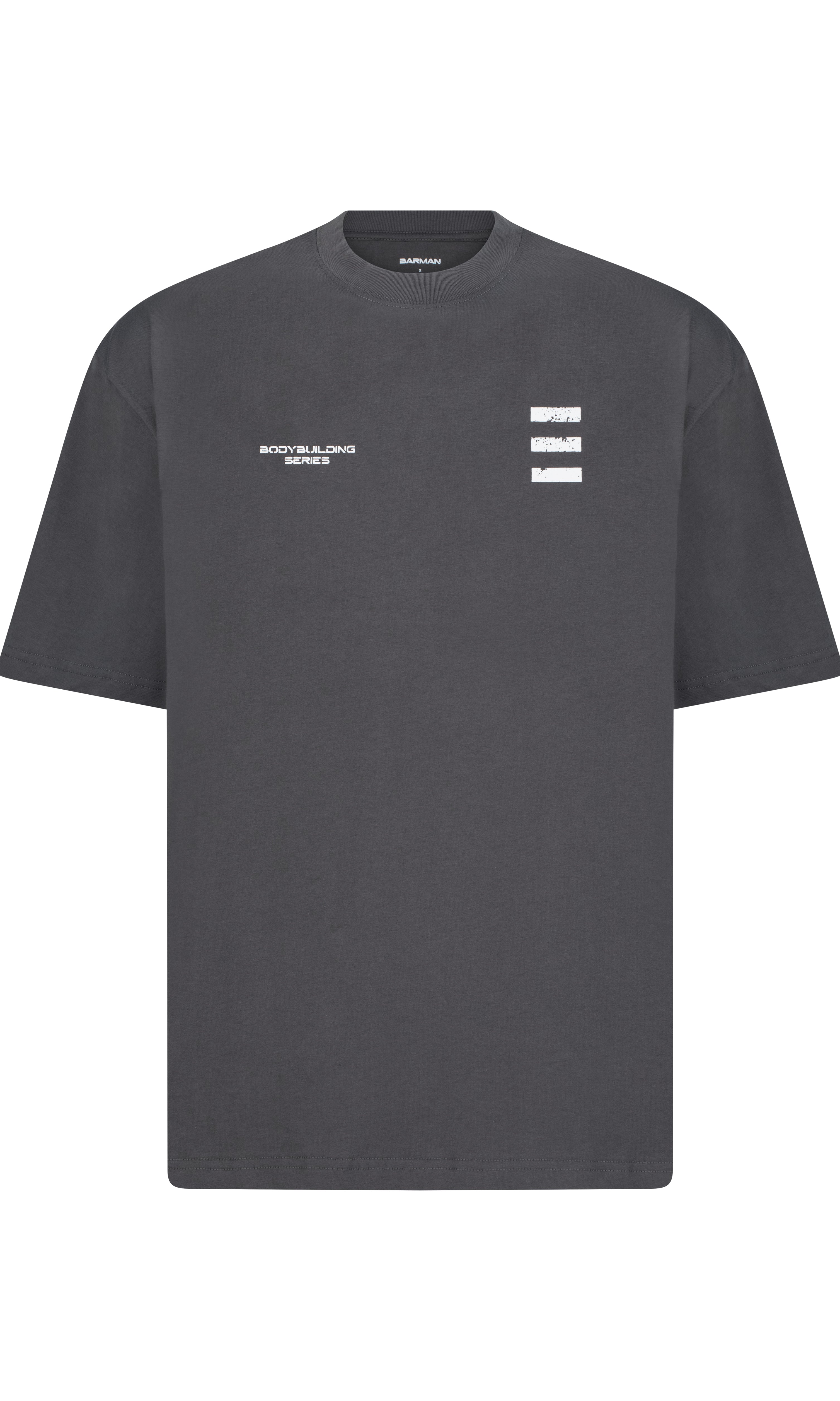 Black t-shirt with a logo on the chest against a light gray background