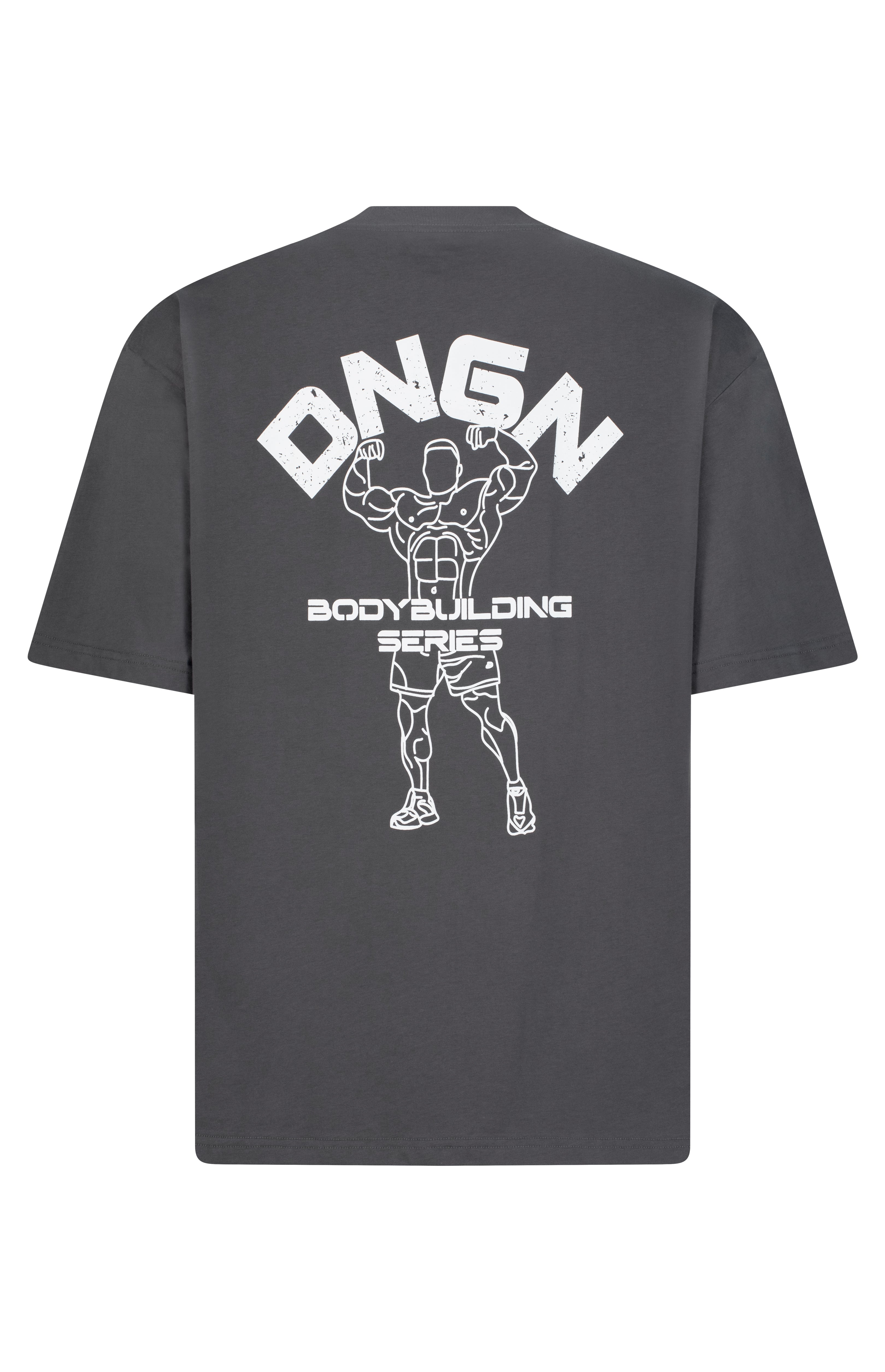 Black t-shirt with white graphic and text on a white background