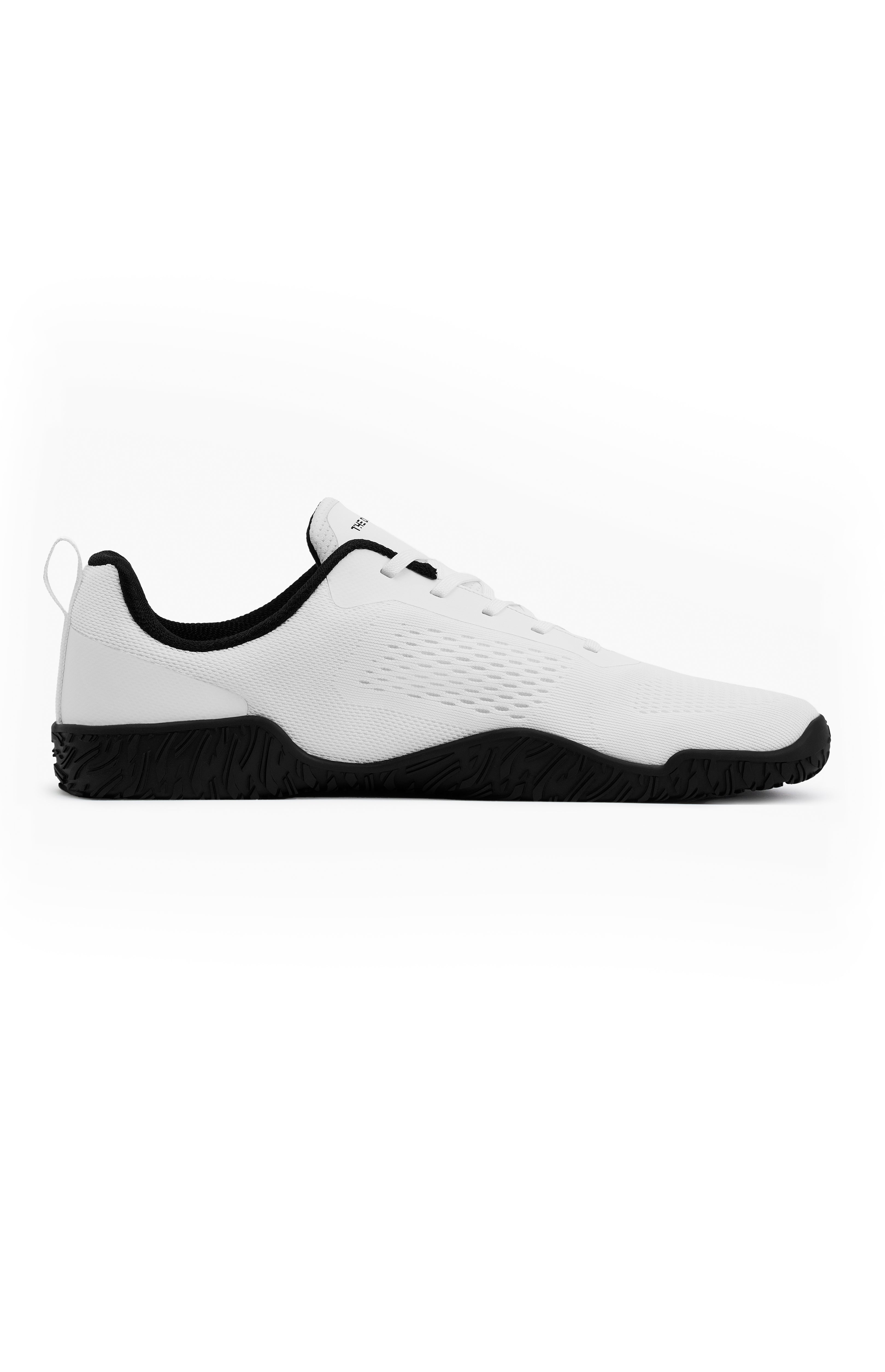 White sneaker with black accents on a white background