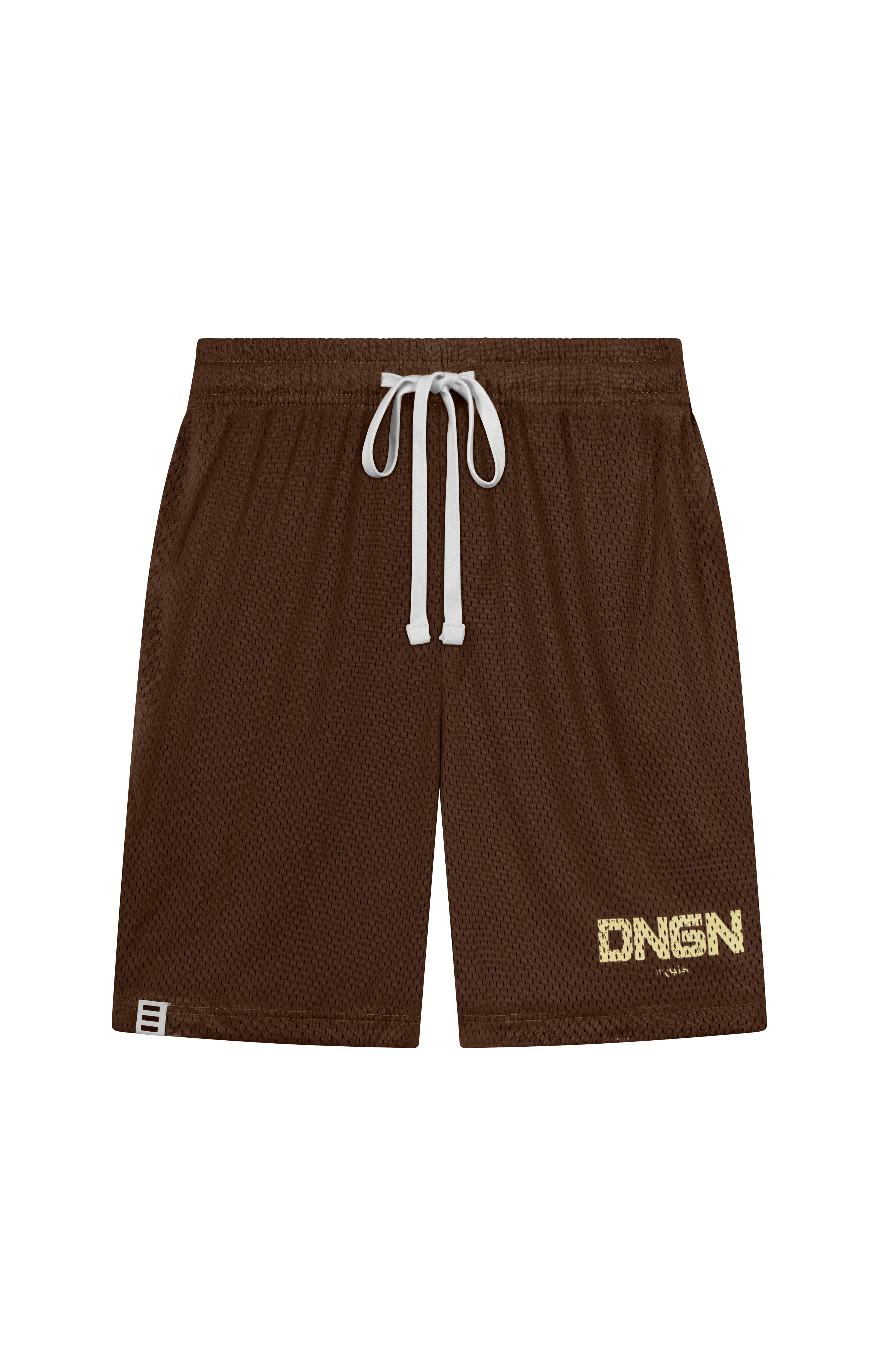 Brown shorts with a logo on a white background