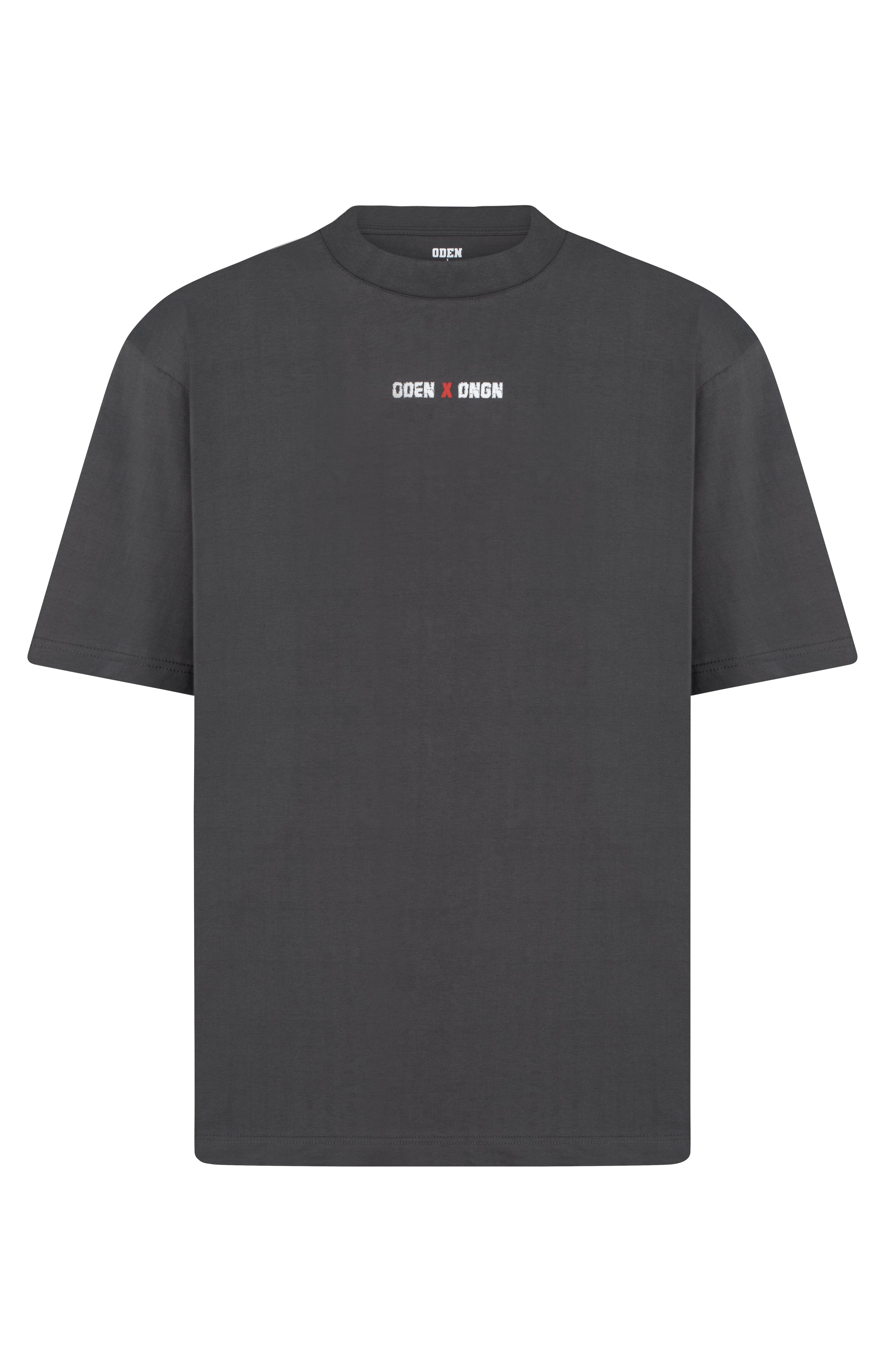 Black t-shirt with a logo on a white background