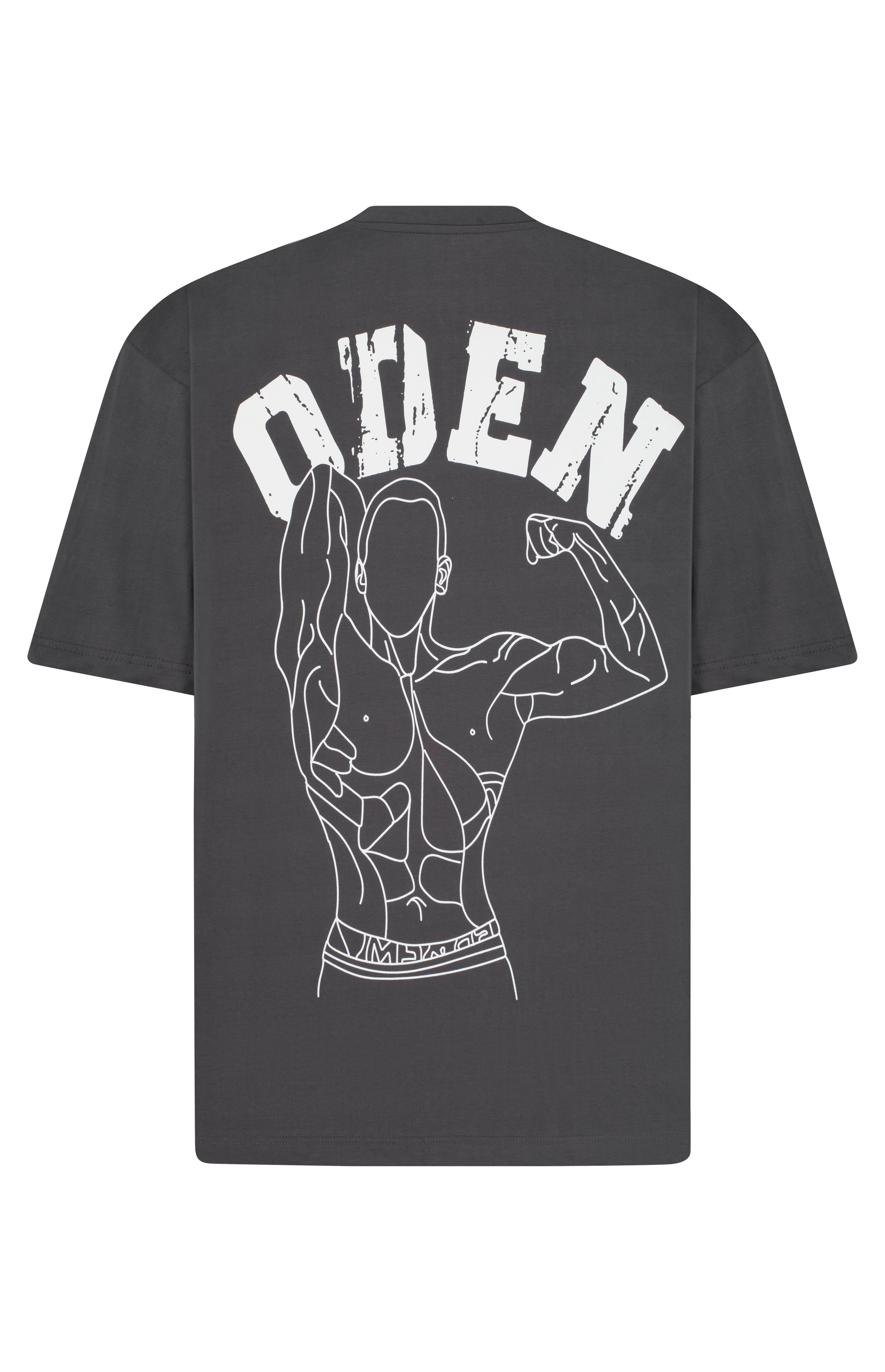 Black t-shirt with white graphic design and 'ODEN' text on the back against a white background