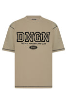 Beige t-shirt with 'DNGN' logo and text on a white background