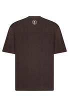 Black t-shirt with a logo on the back against a white background