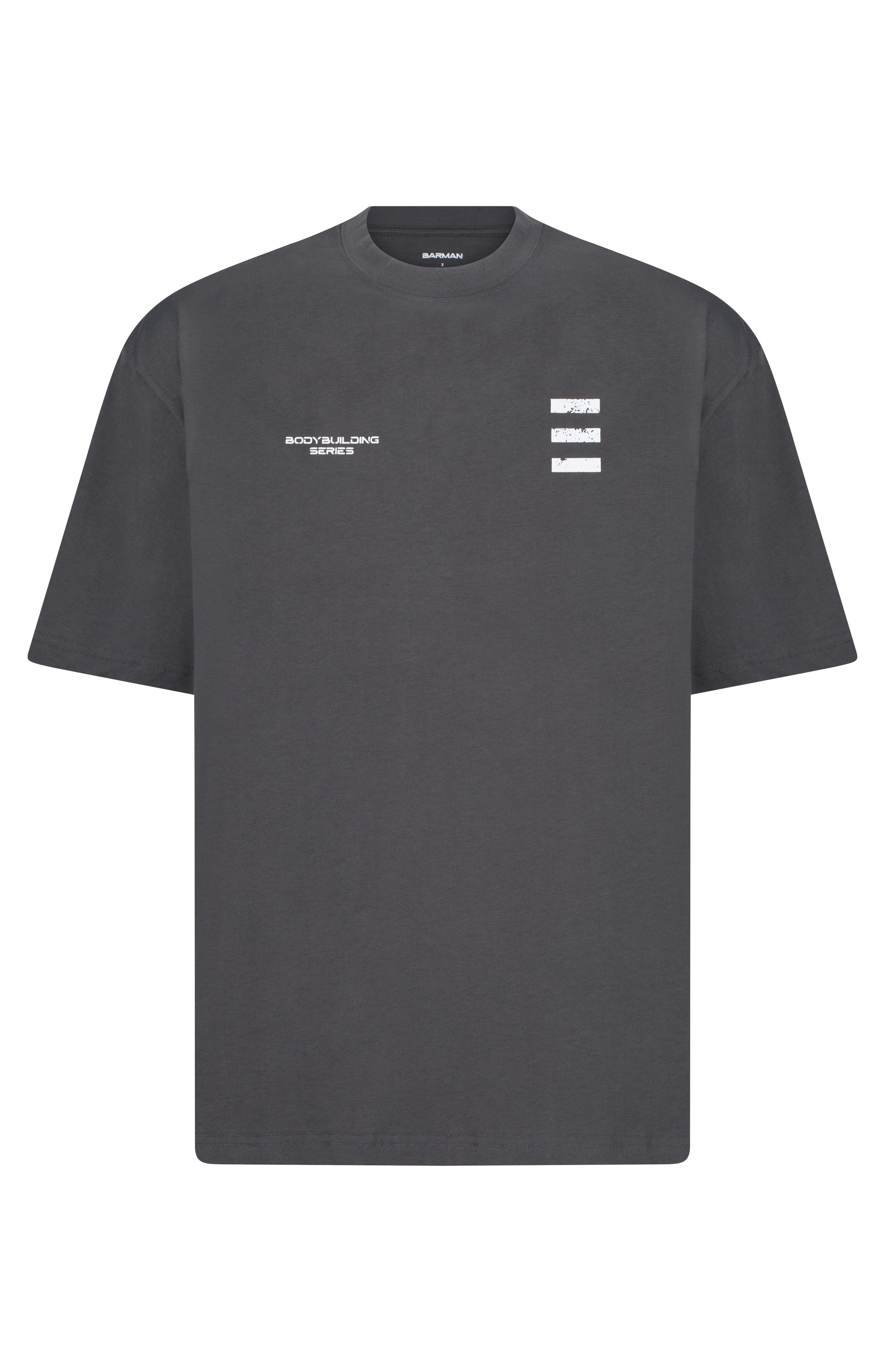 Black t-shirt with a logo on the chest against a light gray background