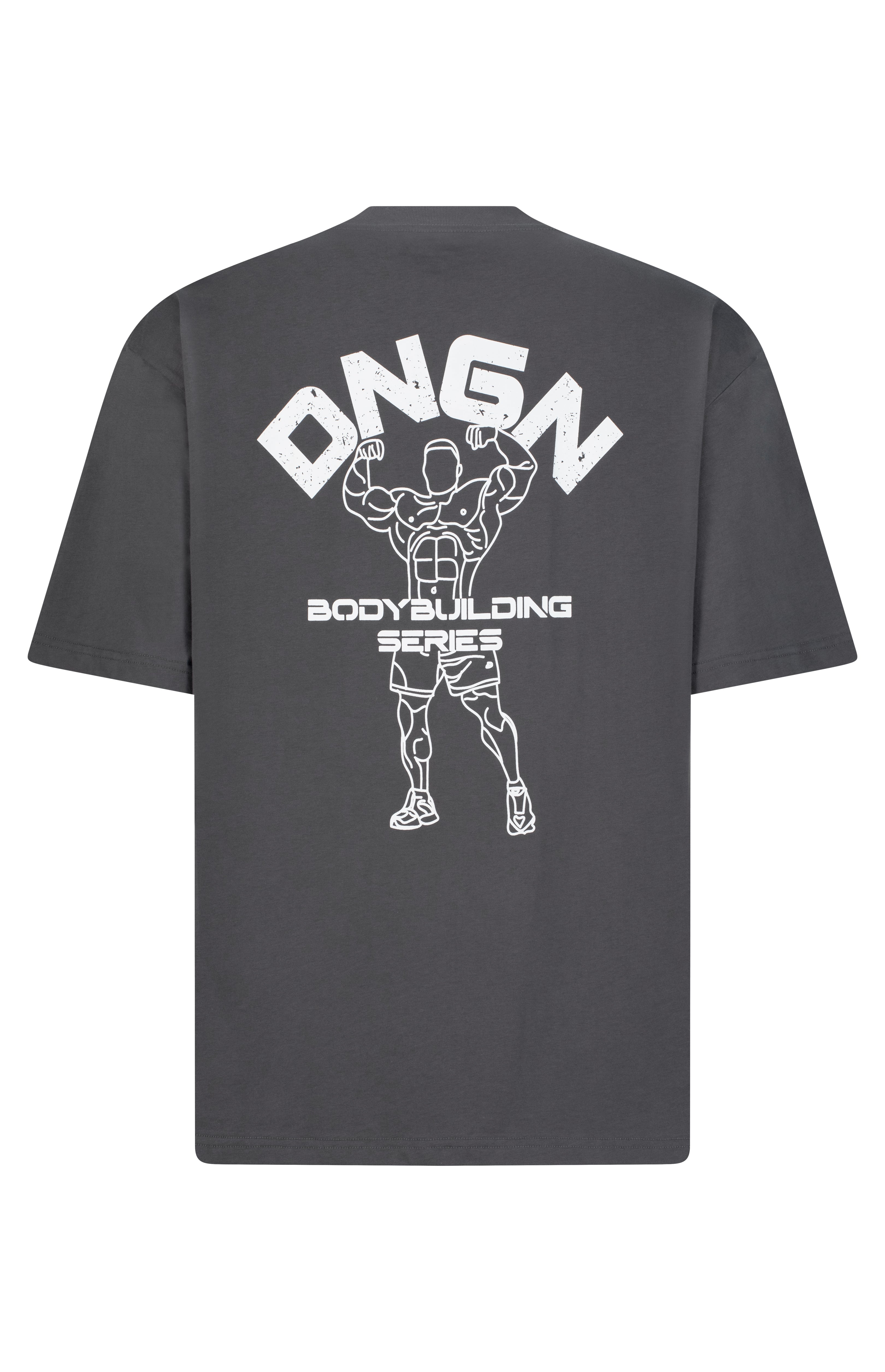 Black t-shirt with white graphic and text on a white background